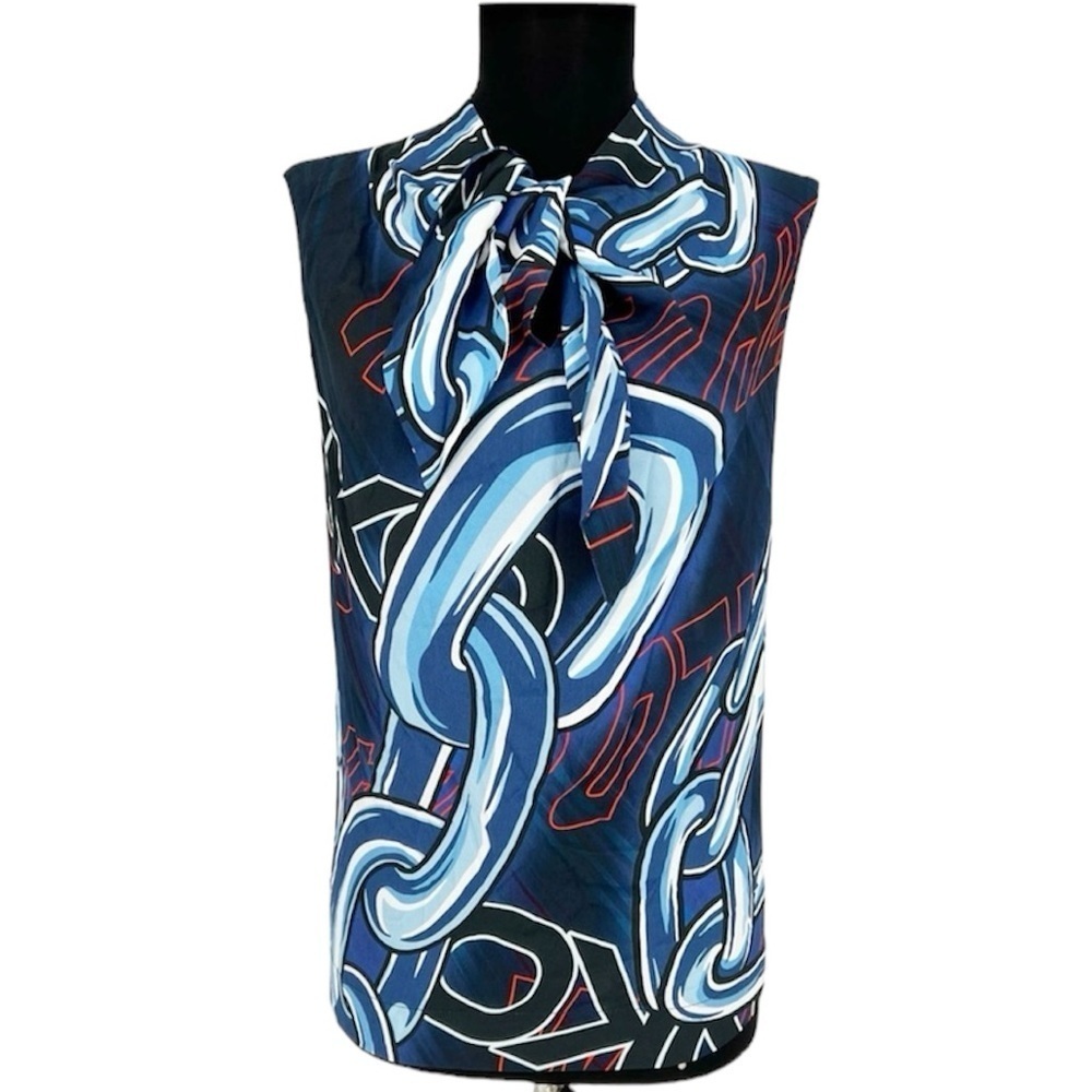 PINKO Logo Chain Print Blue White Sleeveless Tie Bow Blouse